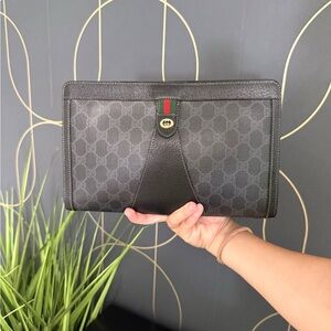 Authentic Gucci clutch bag black monogram coated canvas